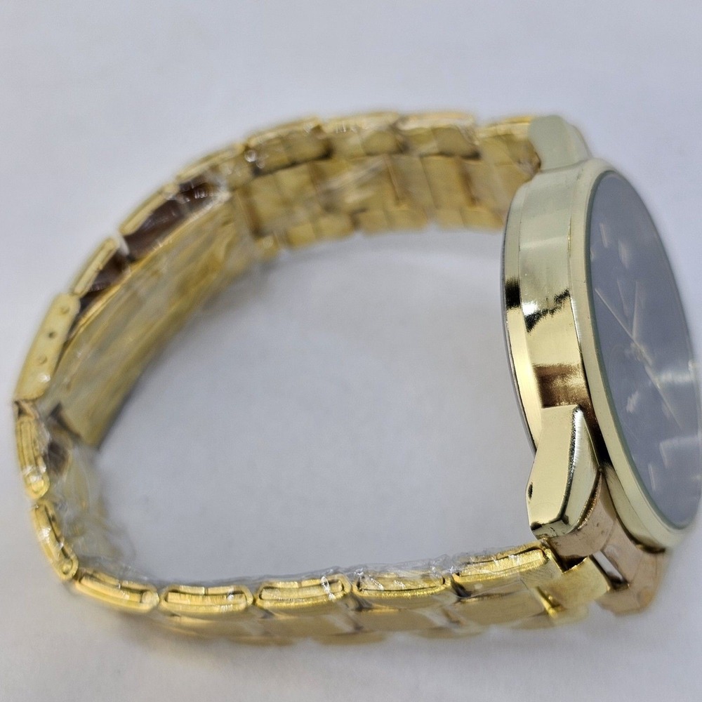 Men's 2PC Watch Bracelet Set 41MM Black Dial Date Gold Bracelet Band 7" Wrist - Picture 13 of 14